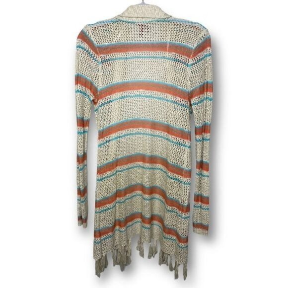 Red Camel Sz M Beige Orange Blue Stripe Southwestern Lightweight Fringe Cardigan - Picture 2 of 8